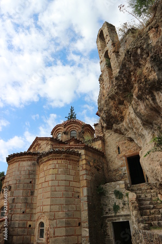 Peribleptos Monastery and ruins of city walls, abandoned ancient city Mystars, Peloponnese, Greece photo