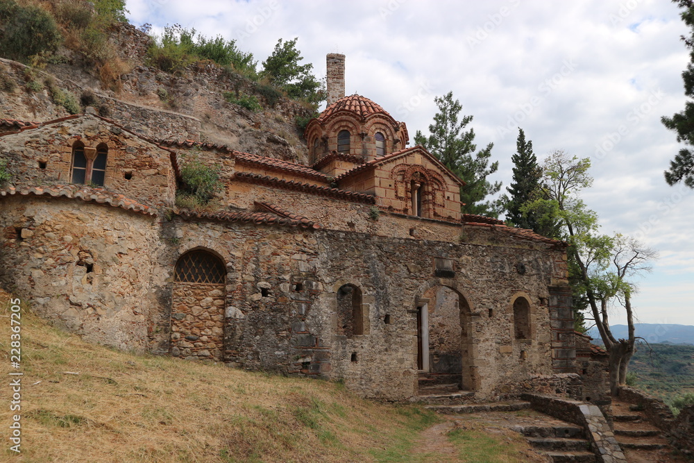 Peribleptos Monastery, ruins of abandoned ancient city Mystras, Peloponnese, Greece
