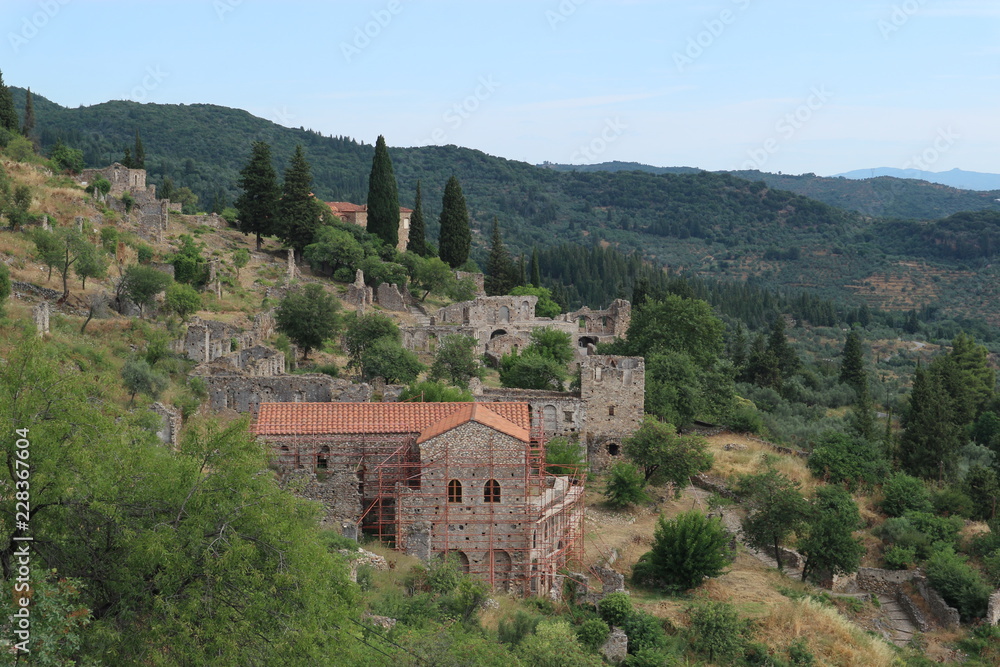 View to ruins of abandoned city of Mystras and slopes of Taygetos Mountain, Peloponnese, Greece