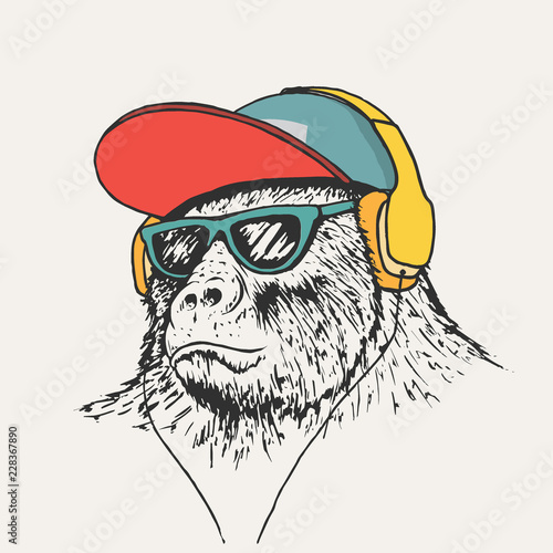 gorilla listening music in headphones.Hand drawn vector illustration.Prints design for t-shirts