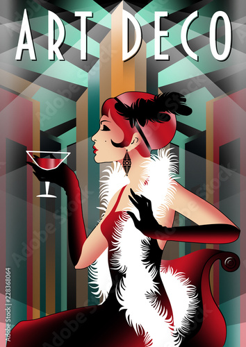 Retro party invitation card. Handmade drawing vector illustration. Art Deco style. photo