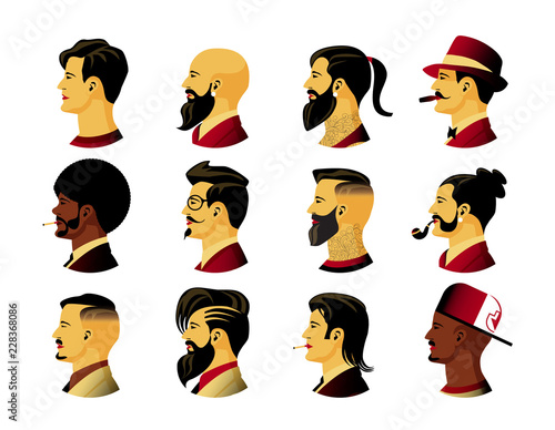 Collection of profile portraits or heads of male cartoon characters with various hairstyles and costumes isolated on white background. Set of avatars. Vector illustration in flat style
