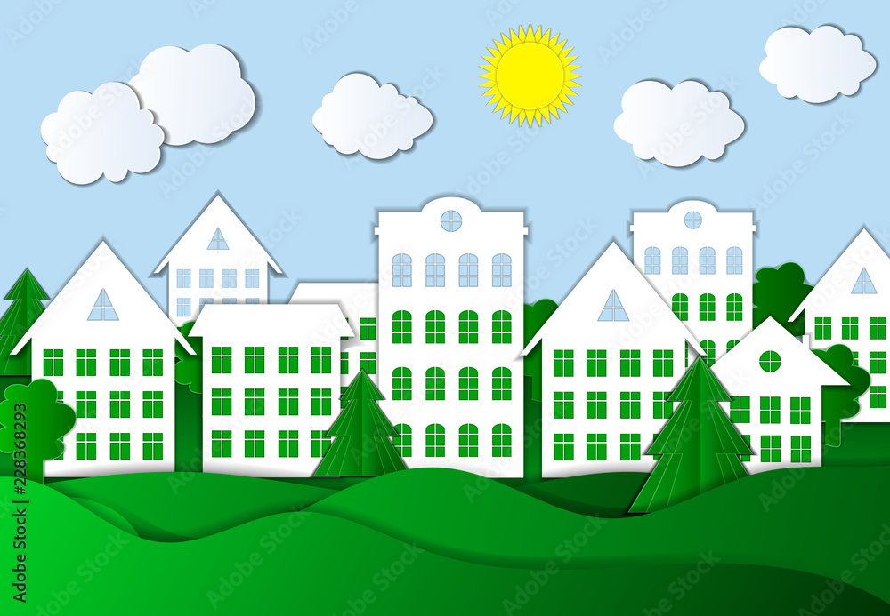 Vector Paper Art Style Town Illustration, Colorful Background.