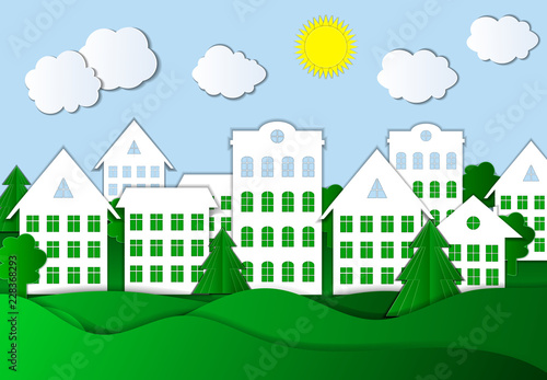 Vector Paper Art Style Town Illustration, Colorful Background.