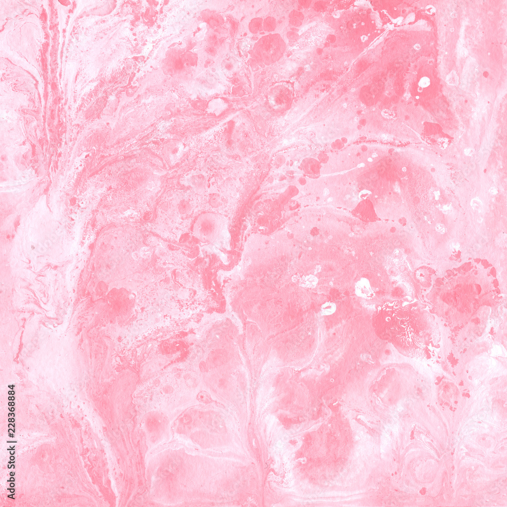 Abstract painted background with liquid stains, blobs and splashes. Hand drawn white and pink, rose template. Valentines day painting backdrop. Marble texture imitation.