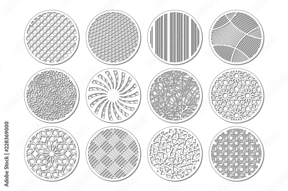 Set round template for cutting. Abstract line, geometric pattern. Laser cut. Set ratio 1:2. Vector illustration. Set round template for cutting. Abstract line, geometric pattern. Laser cut. Set ratio 1:2. Vector illustration.