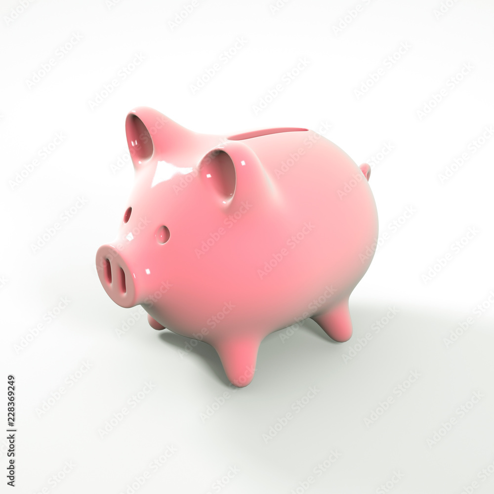 Pink ceramic piggy bank isolated on white background. 3D rendering