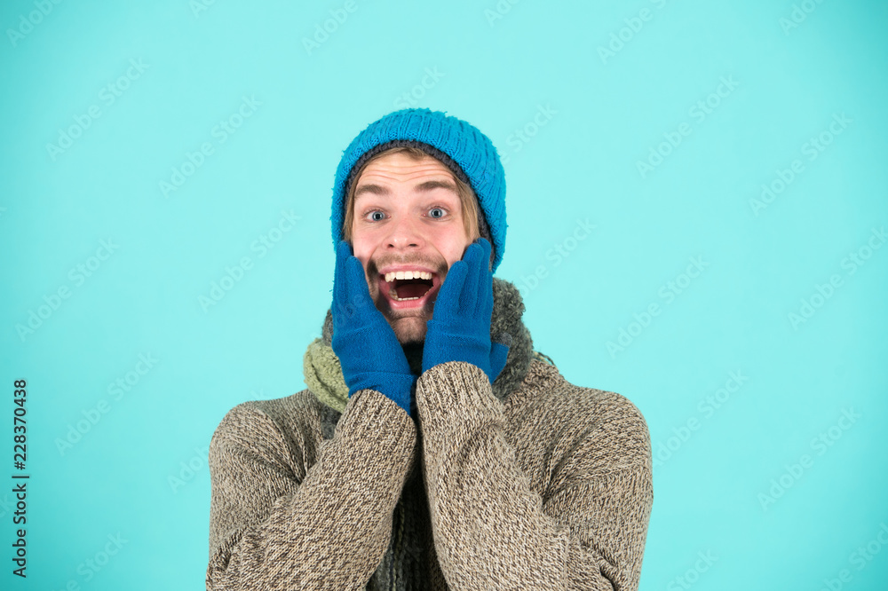 Happy man in winter clothes. Man happy smiling on winter holidays. Holidays are happy days. Be festive Happy man in winter clothes. Man happy smiling on winter holidays. Holidays are happy days. Be festive