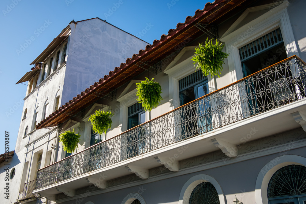 beautiful facade,  building exterior in old town - Casco Viejo, Panama City,