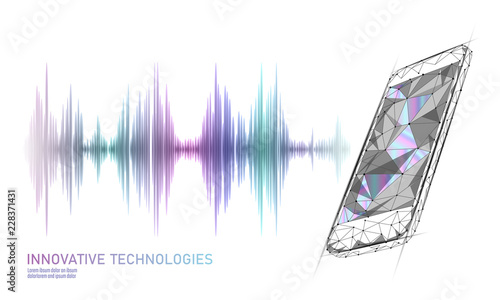 Sound recognition voice assistant low poly smartphone. Wireframe mesh polygonal 3D render sound innovative technology waveform. Audio equalizer digital computer concept vector illustration
