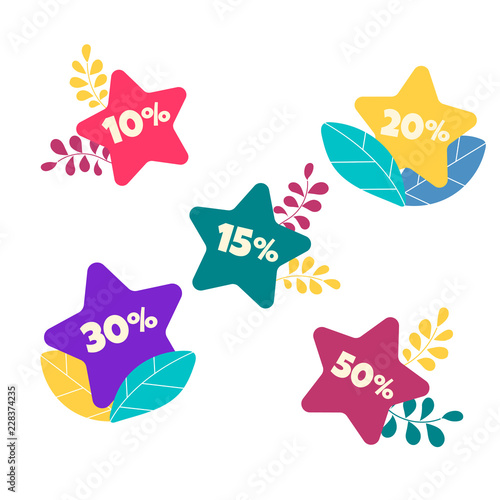 Stickers, icons, illustrations in the form of stars with decoration of leaves and twigs with discount sales