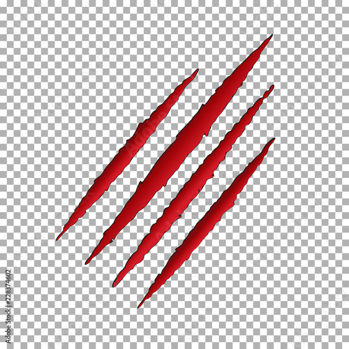 Monster tear claw scratch mark. Llion break paper isolated on transparent background. Red Claws scra photo