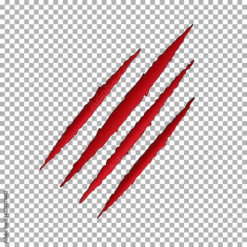 Monster tear claw scratch mark. Llion break paper isolated on transparent background. Red Claws scra