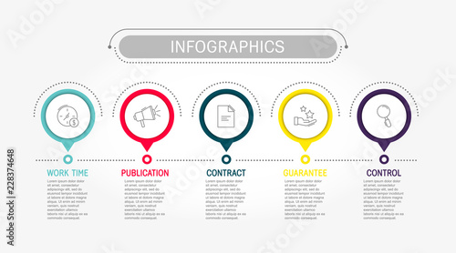 Modern vector illustration. Infographic template with five elements, circles and text. Timeline step by step. Designed for business, presentations, web design, diagrams, training with 5 steps