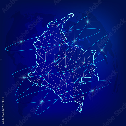 Global logistics network concept. Communications network map Colombia on the world background. Map of  Colombia with nodes in polygonal style. Vector illustration EPS10. 