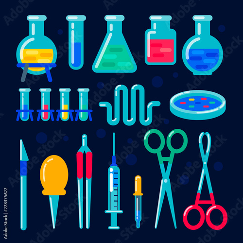 Vector chemical equipment for experiment. Chemistry laboratory. Flask, vial, test-tube, scales, glass retorts with substance. Made in cartoon style. Objects for advertising, web. Educational concept