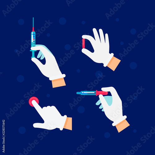 Doctor, nurse is holding syringes and vials, phials in his hand to inject vaccine. Medicine, science and health care flat concept illustration of hands with medical, clinic, laboratory injection tools