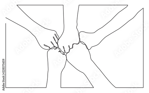 continuous line drawing of hands of team bumping fists together