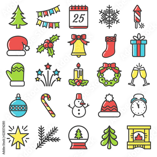 Colorful christmas icons collection. Christmas set icons. Vector.