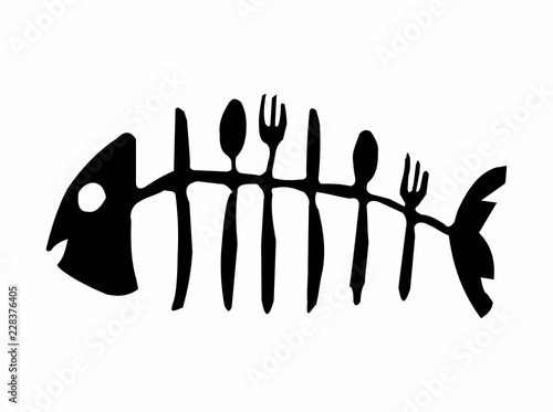 Fish skeleton made of cutlery - Illustration, 
Fish bone icon on white background, 
Fish skeleton line icon