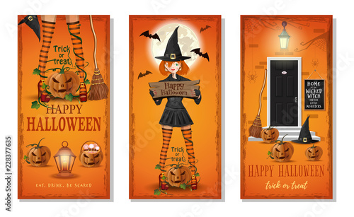 Halloween greeting card collection. Set of orange vertical banners for Halloween. Eat, drink, be scared. Vector illustration