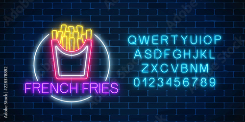 Neon glowing sign of burger in circle frame with alphabet. Fastfood light billboard symbol. Cafe menu item.
