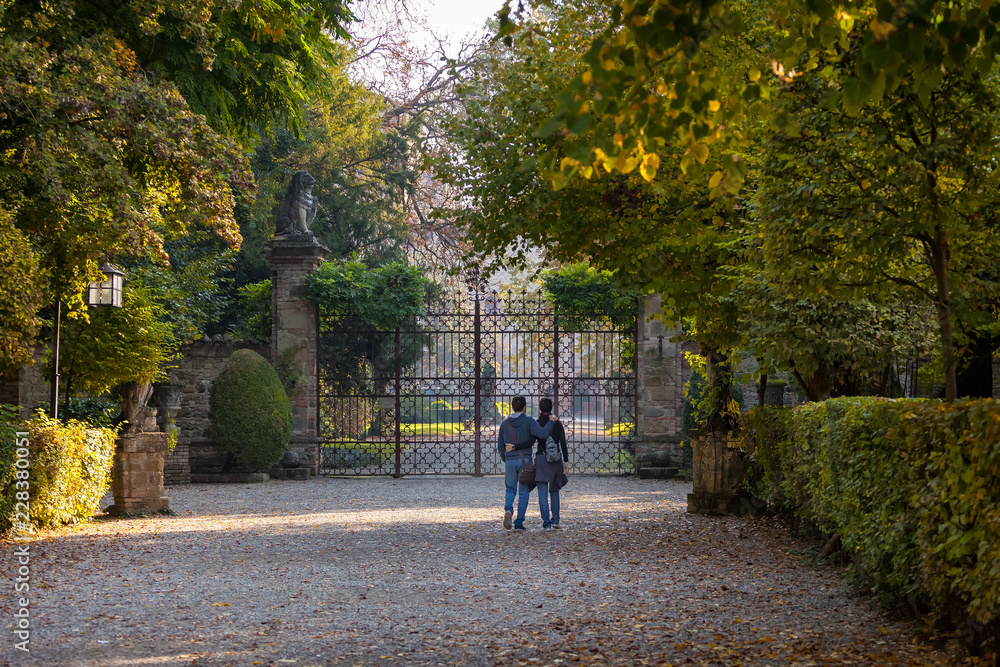 Young couple walking in the middle of an autumnal path