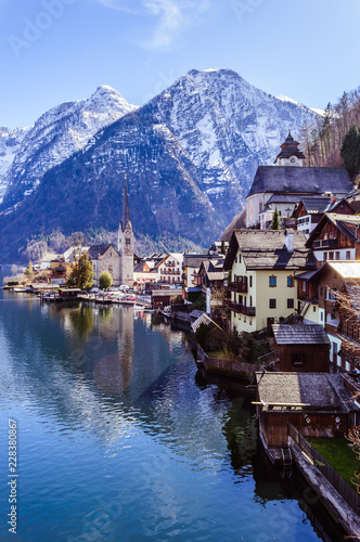 Spectacular view on the Hallstatt village from the lake border