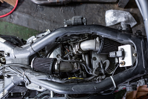 Engine close up shot of beautiful and custom made motorcycle