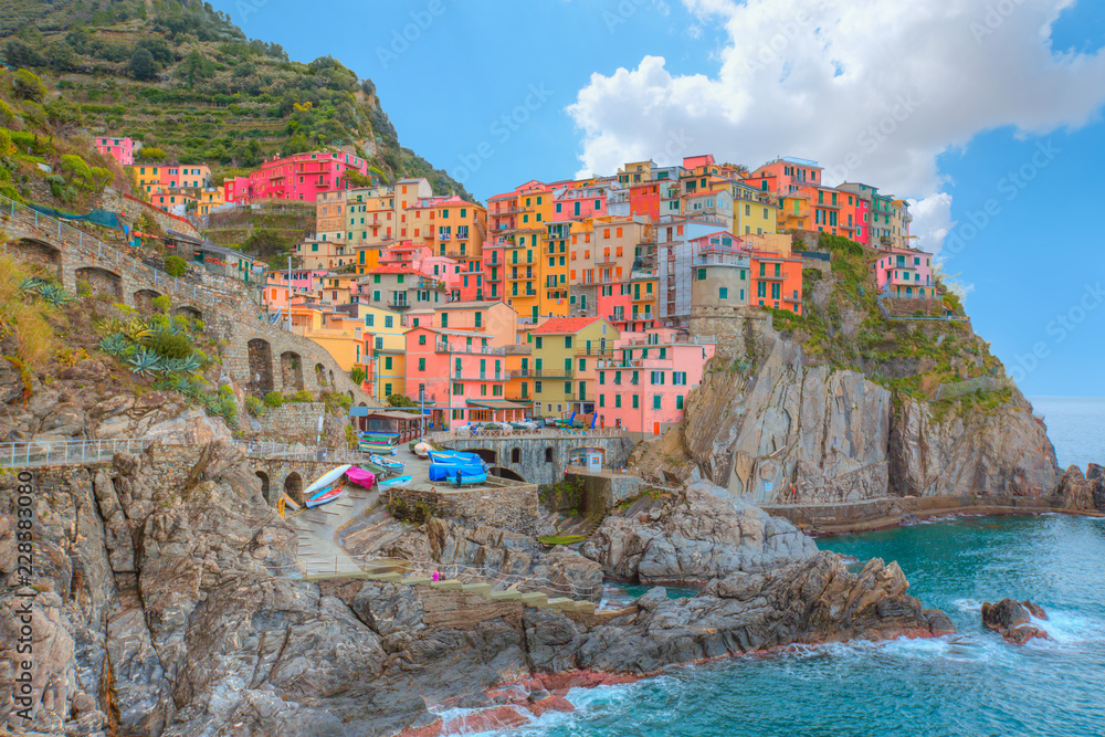 Manarola town, Cinque Terre Italy at the Ligurian Sea