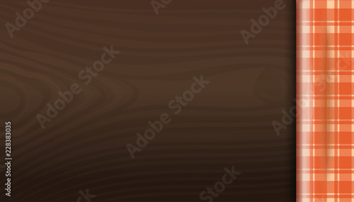 Kitchen background. Checkered orange tablecloth on the wooden table top view. Vector illustration