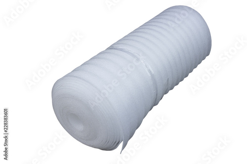 Foto Roll of foamed polyethylene,white foam polyethylene roll on a white background,