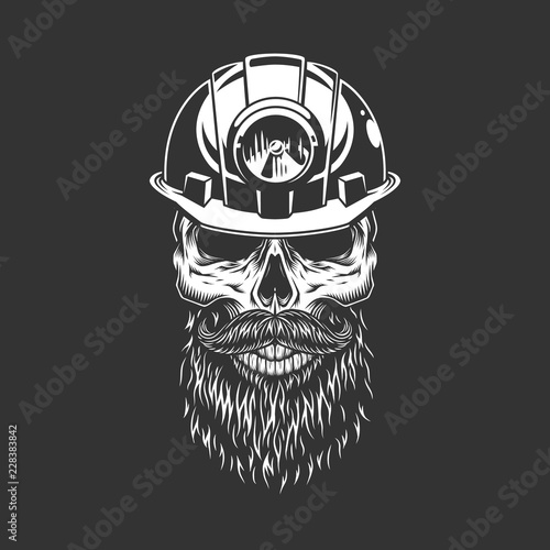 Vintage monochrome skull in miner helmet