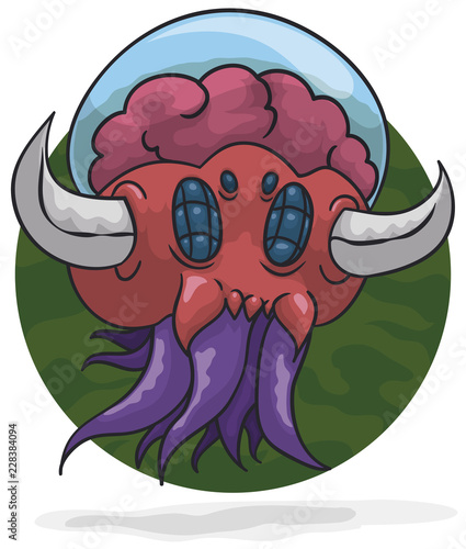Bizarre Alien with Horns, Tentacles, Insect Eyes and Covered Brain, Vector Illustration
