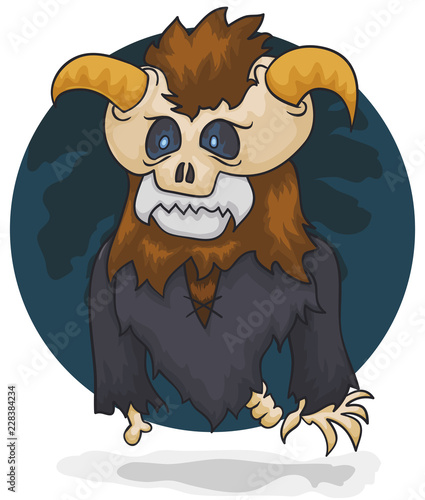 Hairy Amputated Necromancer Disguised with a Horned Skull Mask, Vector Illustration