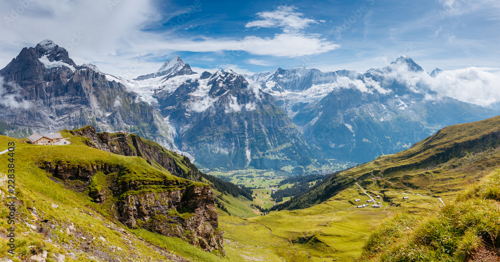 Great view of alpine hill. Location place Swiss alps, Grindelwald valley.