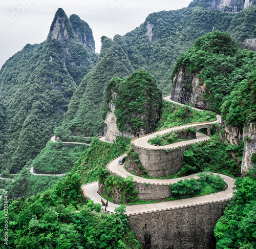 Photography A view of the dangerous  99 curves at the Tongtian Road to Tianmen Mountain, The