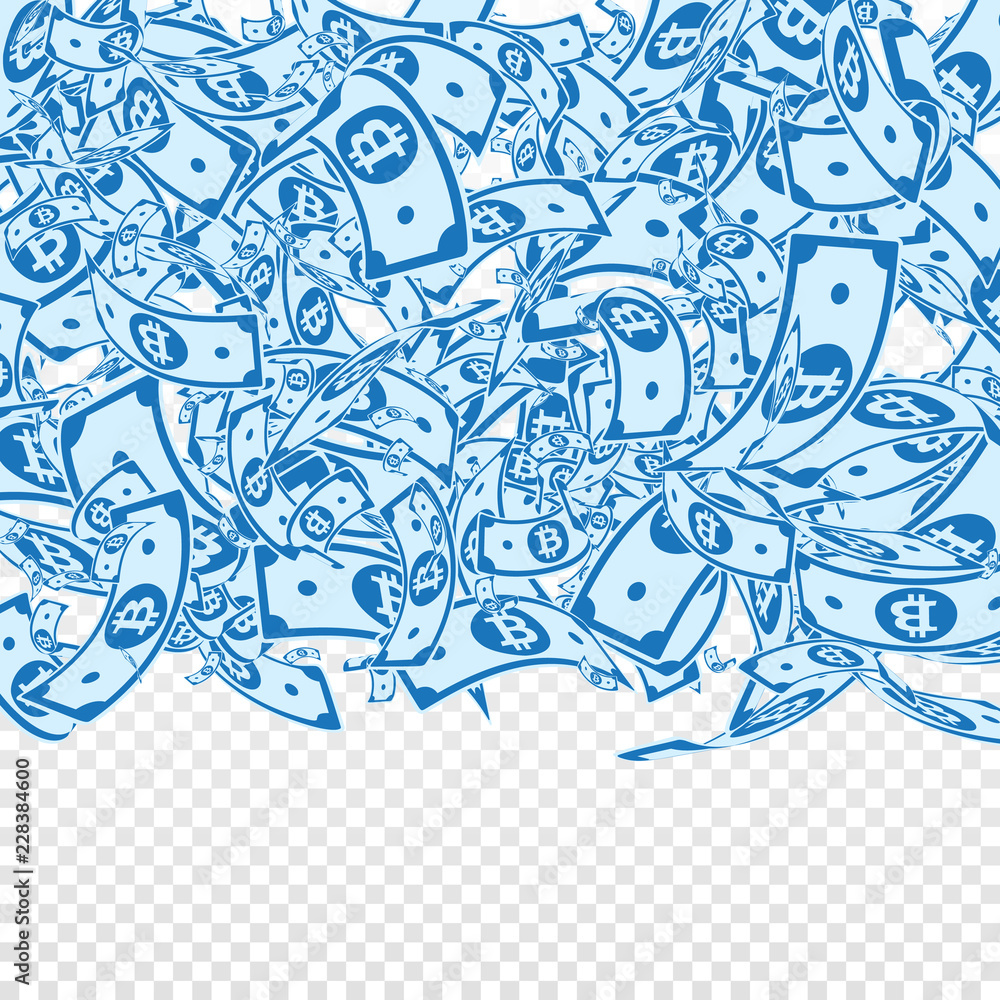 Fototapeta premium Bitcoin, internet currency notes falling. Messy BT
