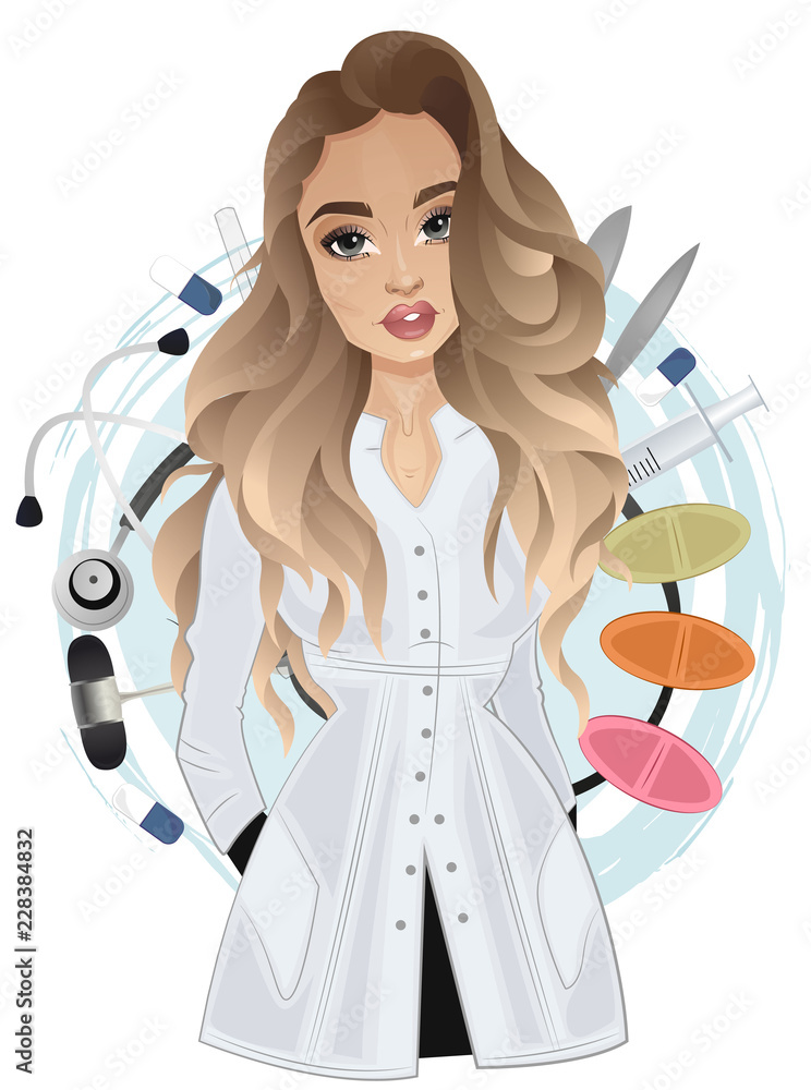 Fototapeta Attractive female doctor in white gown on medical objects background