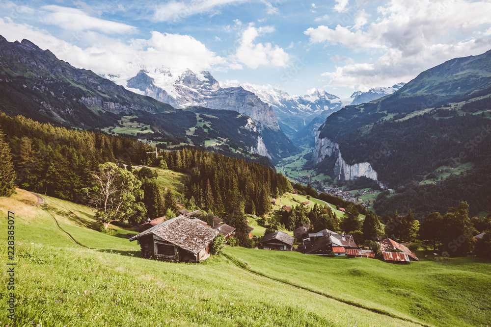 Fototapeta premium Scenic surroundings near the resort Wengen. Location place Swiss alp, Lauterbrunnen valley.