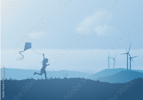 Eco energy in nature landscape. Caring for the future of children. On a blue background, a child launches a kite and there are wind power stations