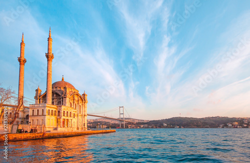 Ortakoy mosque and Bosphorus bridge at sunset, Istanbul, Turkey