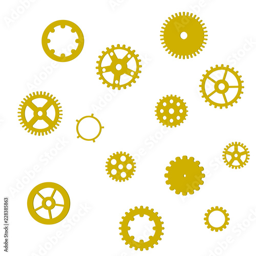 Set of golden gears with shadow on a white background, isolated, vector illustration