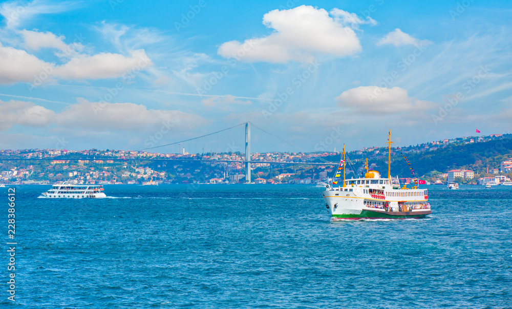 Water trail foaming behind a passenger ferry boat in Bosphorus, Istanbul, Turkey Water trail foaming behind a passenger ferry boat in Bosphorus, Istanbul, Turkey