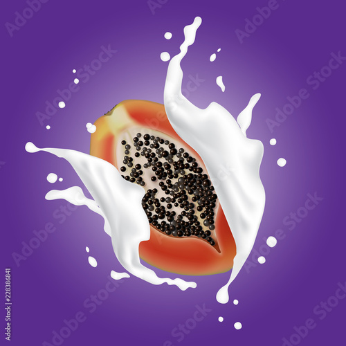 Milk splash 3d illustration with falling slices of papaya fruit. Cream pouring wave yogurt packaging template. Realistic organic fruit dairy product. Vector illustration