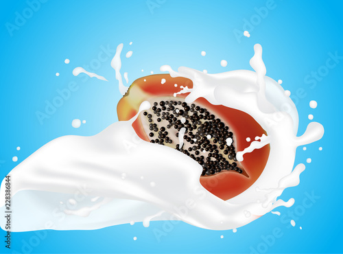 Milk splash 3d illustration with falling slices of papaya fruit. Cream pouring wave yogurt packaging template. Realistic organic fruit dairy product. Vector illustration