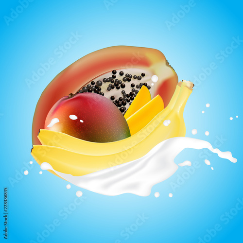 Milk splash 3d illustration with falling slices of papaya, mango,  banana. Cream pouring wave yogurt packaging template. Realistic organic fruit dairy product. Vector illustration