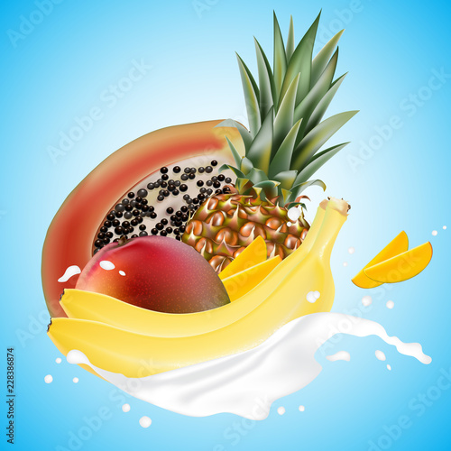 Milk splash 3d illustration with falling slices of papaya, mango, pineapple, banana. Cream pouring wave yogurt packaging template. Realistic organic fruit dairy product. Vector illustration