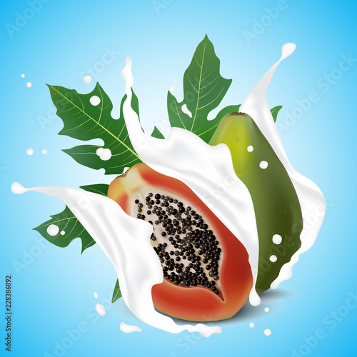 Milk splash 3d illustration with falling slices of papaya fruit, leaf. Cream pouring wave yogurt packaging template. Realistic organic fruit dairy product. Leaves. Vector