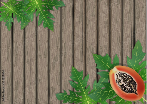 Papaya leaves on wooden background. Exotic leaf banner on wood. Vector